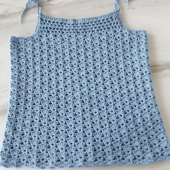HANDMADE SKY BLUE SCALLOPED CROCHET TANK TOP SZ S/M - Picture 6 of 7
